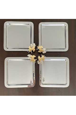 Atabey Home Collection 6 Adet Kahve & Çay & Sunum Tepsisi Metal Döküm Gümüş Tepsi Kelebek Aksesuarlı