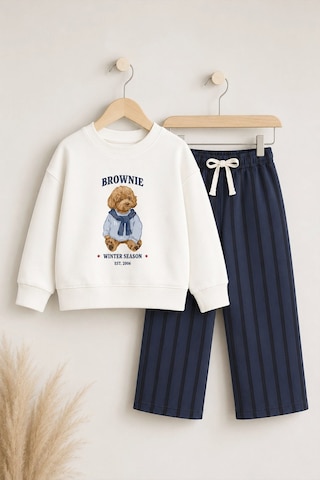 Monila Erkek Çocuk Ekru Ayıcık Baskılı Sweatshirt Ve Lacivert Çizgili Eşofman Alt Üst Takım
