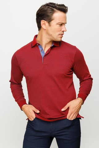 Desen Triko Erkek Polo Yaka Kare Desenli Uzun Kollu Sweatshirt Bordo Bordo