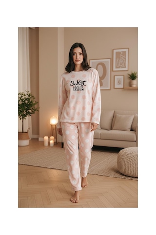 Feg Store Termal Uzun Kollu Cepli Toz Pembe Kadın Pijama Takımı