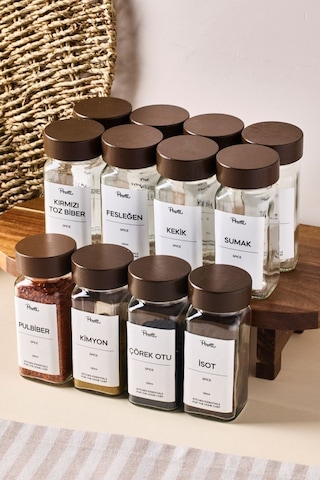 Perotti Raul Woody 12'li Akasya Kapak Baharatlık Seti 120ml + 30 Etiket 16779 Kahverengi