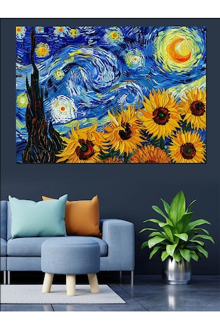 Van Gogh Yıldızlı Gece Ayçiçekleri Dekoratif Kanvas - Mdf Ahşap Tablo