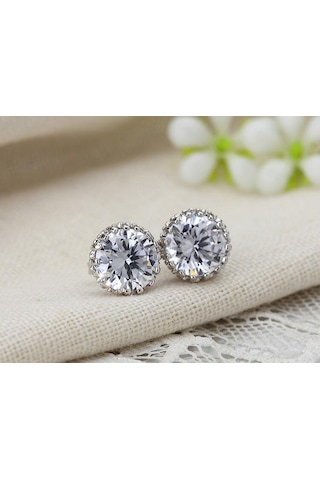1Carat Kral Tacı Motifli Beyaz Tek Taş Bayan Erkek Küpe Df09 Beyaz