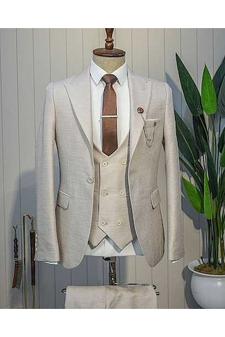 Bys Beystil Sivri Yaka Krem Yelekli Kırçıllı Takım Elbise Storm- Slim Fit