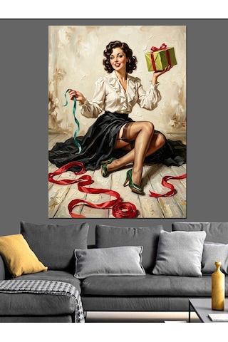 Hediye Kutusuyla Retro Pin Up Dekoratif Kanvas - Mdf Ahşap Tablo