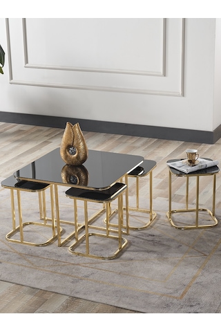 Pelikan 4+1 Siyah Aynalı Temperli Cam Gold Metal Ayak Takım Sehpa Sedaş Living Units Sehpa