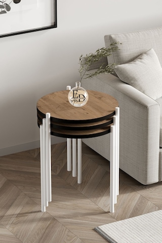 Nice 3'lü Zigon Sehpa Beyaz Metal - Atlantik Çam Tabla