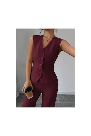 Butik İstanbul Kadın Askılı Önden Düğmeli Bluz Ve Pantolon Keten Ikili Takım Bordo
