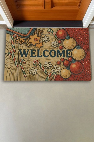 Valerine Life Yılbaşı Baston Şekerli Noel Temalı Welcome Hoş Geldiniz Kapı Önü Paspası 45x70cm Kahverengi