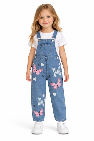Bilge Trend Kız Çocuk 3/7 Yaş Kelebek Baskılı Kot Denim Salopet Tulum Kot Mavi