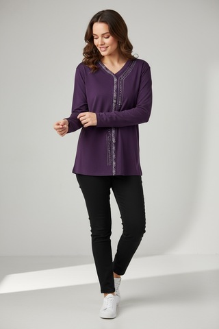 Kadın Önü Kapalı Düğme Detaylı Taşlı Nergis Mevsimlik Bluz Mor