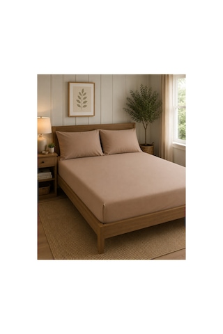 Çift Kişilik Lastikli Çarşaf Takımı 2 Adet Yastık Kılıflı 50x70 180x200+30 %100 Pamuk Kahverengi