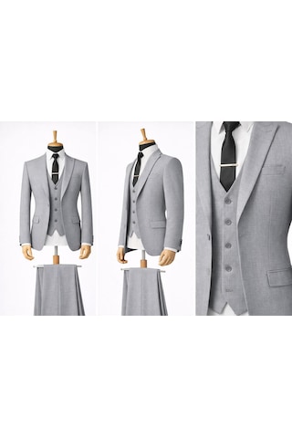 Erkek İtalyan Kesim Slim Fit Yelekli Takım Elbise - 7500 Açık Gri