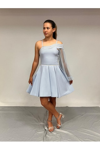 Kız Çocuk Abiye Kısa Krep Bebe Mavi Yaka Şerit Taşlı Tek Kol Çıkabilen Tül Erkut Abiye Elbise 10-15 Yaş İndigo