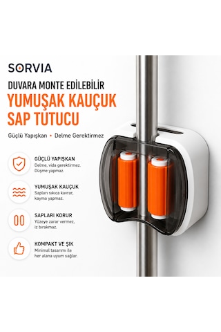 3'lü Duvara Monte Yapışkanlı Sap Tutucu, Mop Tutucu, Süpürge Tutucu, Şemsiye Tutucu, Kaymaz Kauçuk Silikon Organizer Askılık 3 Adet Beyaz - Turuncu