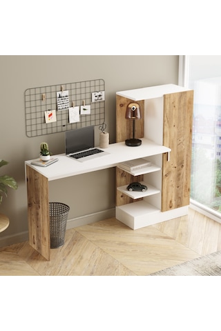 Yurudesign Laura Kitaplıklı Çalışma Masası Atlantik Çam Beyaz CT2