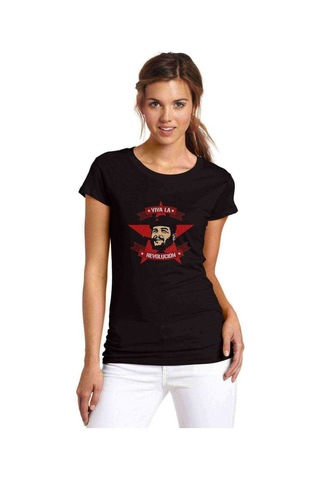 Che Guevara Viva La Revolucion Baskılı Siyah Kadın Tshirt