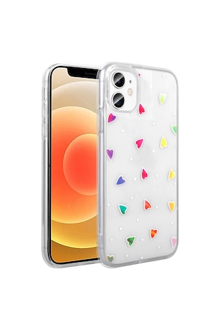 Techaks Apple Uyumlu iPhone 11 Kılıf Şeffaf Figürlü Zore Folk Sert Kapak - Kalp Beyaz