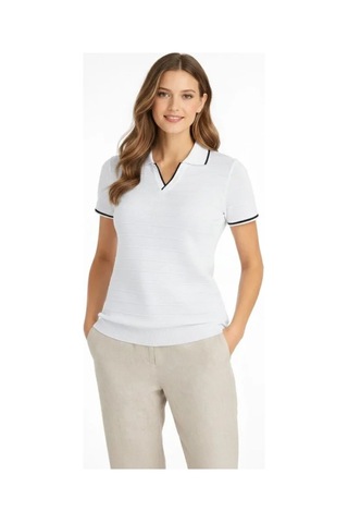 Buğrahayalin Triko Kumaş Yakalı Düğmesiz Açık Yaka Fitilli Kısa Kollu Regular Fit Tişört T-shirt - Beyaz Beyaz