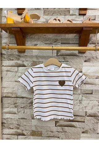 Aysbebe Kalp Nakışlı Çizgili Tişört + Tayt Buzi Kumaş Takım Kahverengi