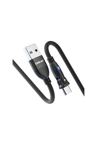 Enkay 180 Derece Dönen Usb To Type-c 3a Hızlı Şarj Veri Kablosu Led Işık İle, Uzunluk: 2m Kırmızı