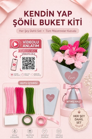 Pembe Lilyum Buketi Kendin Yap Dıy Kiti 65 Adet Şönil İçerir Hobi Ve Hediye Seti