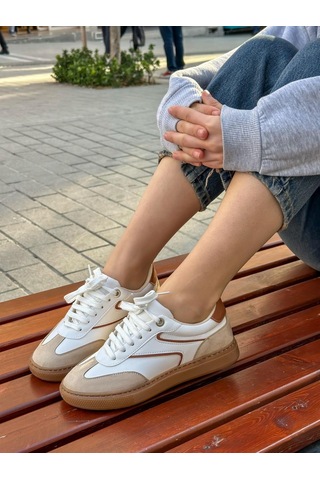 Erva'nın Butiği Beyaz Bej Cilt Wins Bağcıklı Kadın Sneakers-5690 Beyaz Cilt