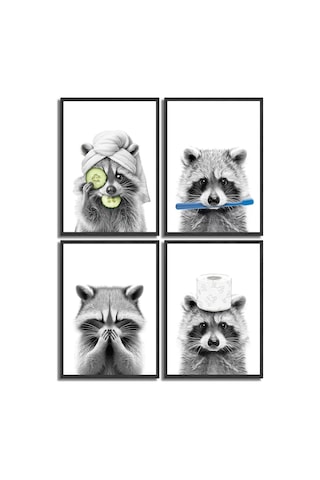 Gajeena Ev Dekorasyon Duş Banyo Duvar Sanatı: Zürafa Köpek Fil Kahverengi Figürlü Kanvas 4 Adet , 25x20 Cm Boyutlu, Funny Makyaj Odası Dekoru Siyah