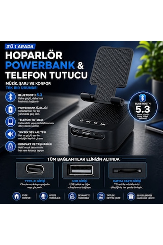 3 Ü 1 Arada Bluetooth Hoparlör Powerbank Ve Telefon Tutucu Özellikli Tf Kart Ve Usb Bellek Destekli Telefon Tutuculu Bluetooth Hoparlör