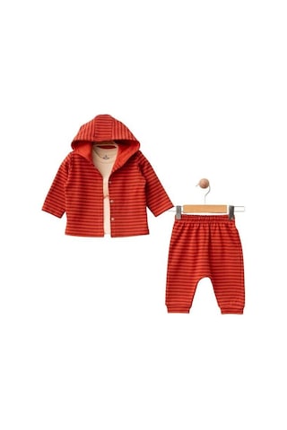Zekids 3 Lü Organik Çizgili Kapüşonlu Bebek Eşofman Takımı-16165 Kırmızı