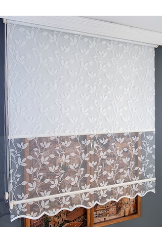 Çift Mekanizmalı Yaprak Desenli Tül Stor Perde Beyaz