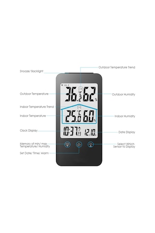 Yifomall Dokunmatik Tuşlu Dış/iç Sıcaklık Nem Ölçer - 30m Kablosuz Sensörlü İklim İzleyici Sistemi Siyah, Pil Yok