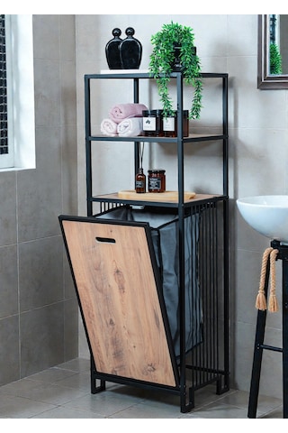 Dekoratif Kirli Sepetli Banyo Dolabı Ahşap Raflı Metal Gövdeli 3 Raflı Çamaşır Sepeti Banyo Düzenleyici Organizer Siyah