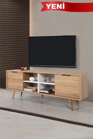 3621 Sina 160 Cm Ahşap Ayaklı , Metal Kulplu Tv Ünitesi , Sepet - Beyaz , Tv Sehpası , Salon Diğer