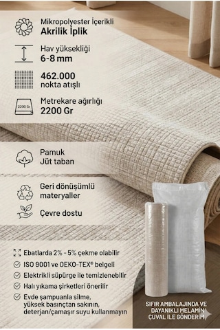 Modern Krem Dokulu Halı Minimal Grid Desen, Yumuşak Yüzey, Pamuk Jüt Tabanlı, Salon Halısı