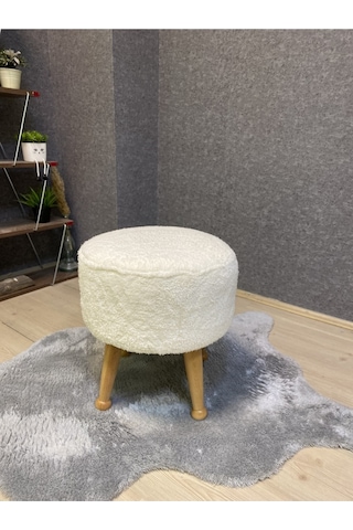 Asedia Miskin Naturel Teddy Krem Ahşap Ayaklı Peluş Puf Makyaj Koltuğu Yuvarlak Tabure