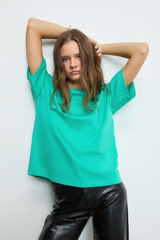 Grimelange LAGERTHA Kadın %100 organik Pamuklu Kalın Dokulu Oversize Fit Yuvarlak Yakalı Yeşil T-Shirt