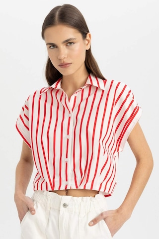 Defacto Crop Çizgili Kısa Kollu Poplin Gömlek C8748AX24SMRD117 Kırmızı