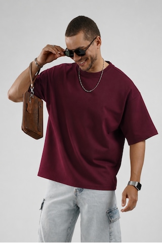 King Brich Oversize Kalıp Basic %100 Pamuklu Erkek Tişört Bordo