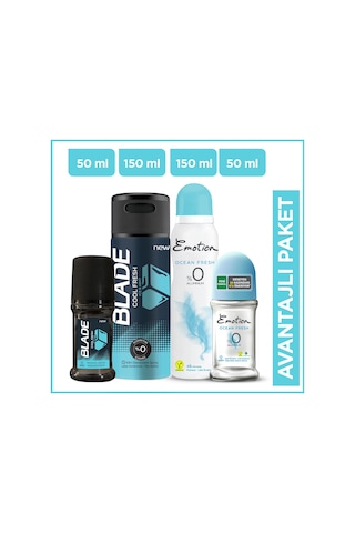 Emotion Ocean Fresh Kadın Sprey Deodorant 150 ML + Roll-On 50 ML + Blade Cool Fresh Erkek Deodorant 150 ML + Roll-On 50 ML