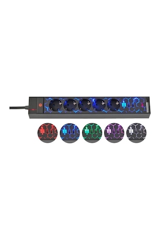 Brennenstuhl Oyuncu Serisi 5 Renk Led Aydınlatmalı Ve Renk Değiştirme Modlu 2 Usb Li 5 Soketli 1.5 Metre Priz