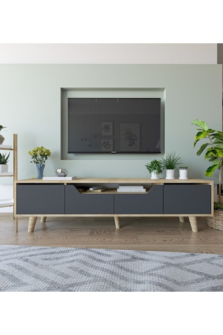 Roma Ahşap Ayaklı Tv Ünitesi Tv Sehpası Safir Meşe - Antrasit