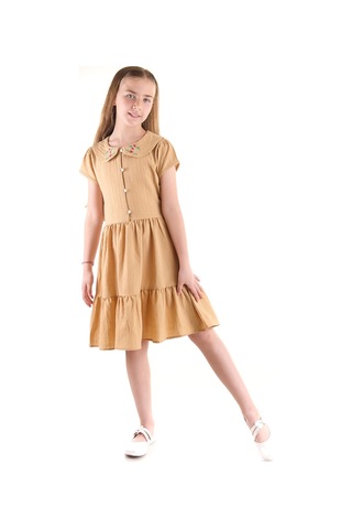 Ahengim Kız Çocuk Düğmeli Yaka Nakışlı Elbise Trend Pamuklu Pamuklu Ak2523 Kahverengi