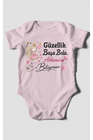 Morivokids Güzellik Başa Bela Ablamdan Biliyorum Kısa Kollu Bebek Body %100 Pamuk Bebe Pembe