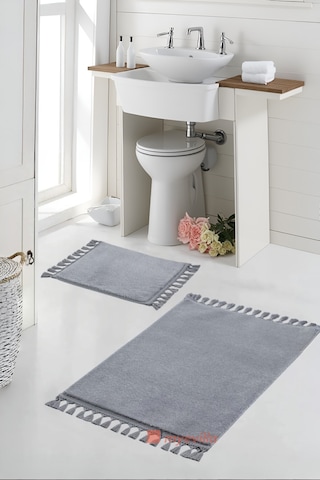 Simirna Ponpon Saçaklı Peluş Yıkanabilir Kaymaz Banyo Paspası 2'li Klozet Takımı Gri Gri