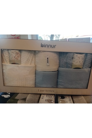 Binnur Line 10 Parça Aile Bornoz Takımı / %100 Pamuk / Aile Seti / Çeyizlik / Günlük / Modern / 1.kalite Beyaz - Mavi