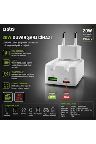 Sbs Flexi 20w Gan Katlanabilir Hızlı Şarj Adaptörü Usb-c Pd 20w + Usb-a Afc 18w Çift Çıkış Beyaz
