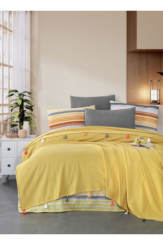 Valeria Tassel Hardal Renkli Çift Kişilik Püsküllü Pike Takımı Hardal