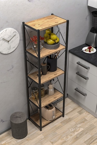 Morpanya Arfelix Metal Tekli Mutfak Rafı Malzeme Dolabı 5 Raflı Mikrodalga Fırın Rafı Çok Amaçlı Ceviz