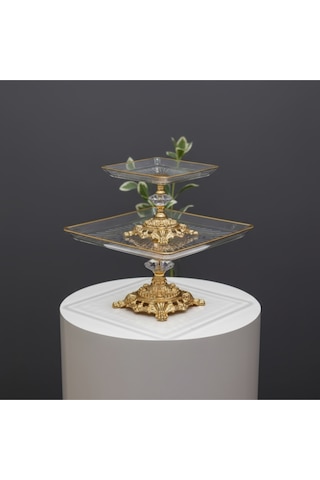 Çnr Home Collection Paşabahçe 2 ' Li Kare Döküm Ayakli Pasta Sunumluk Kurabiyelik Gold